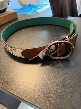 Women's Brown and White Cowhide Leather Belt with Teal Lining